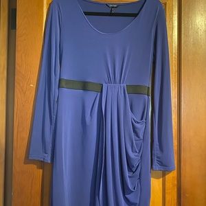 Blue long sleeve dress with cinching & black band on waist, size medium